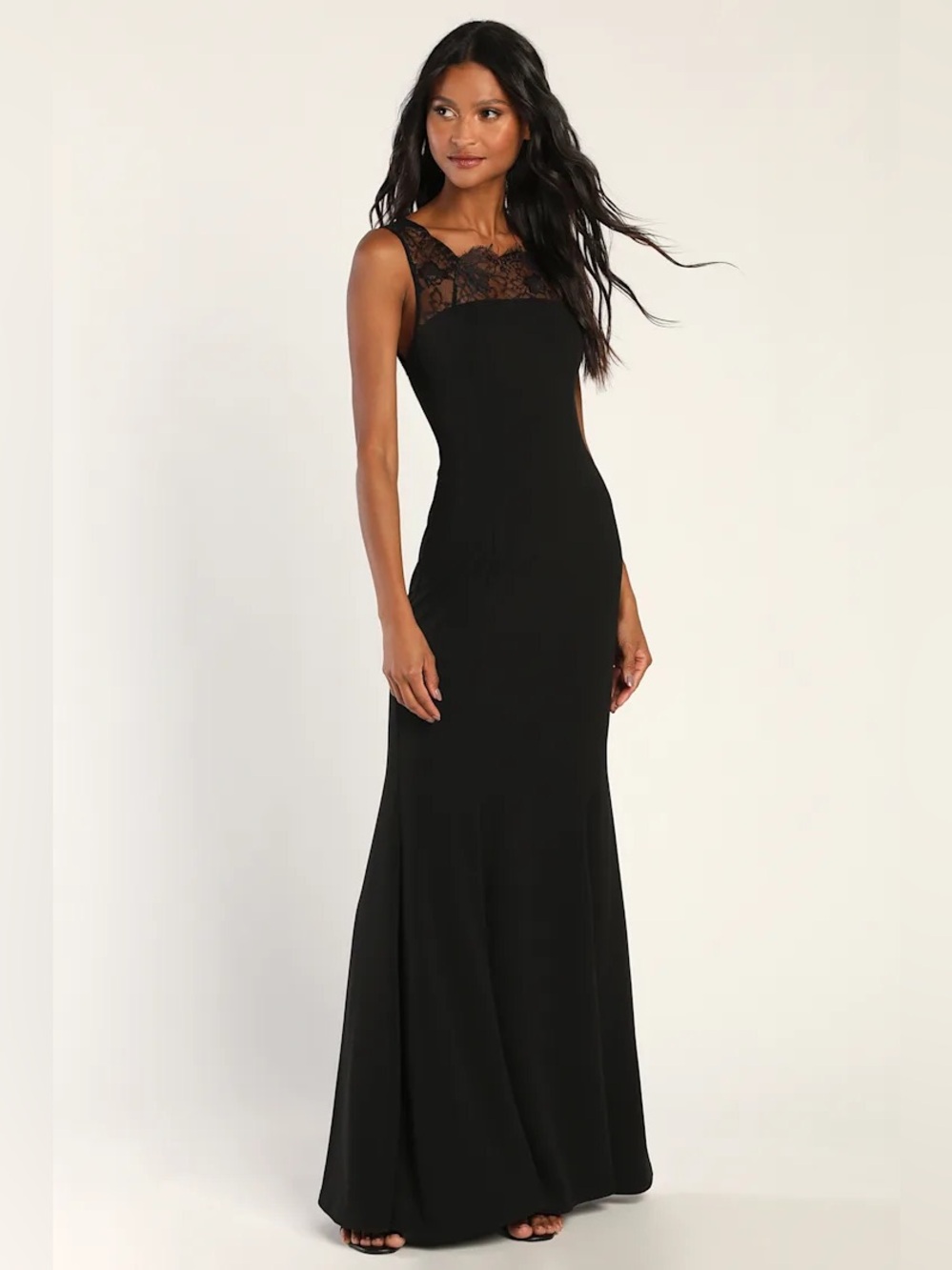 Lulus True Passion Black Lace V-Back Mermaid Maxi Dress